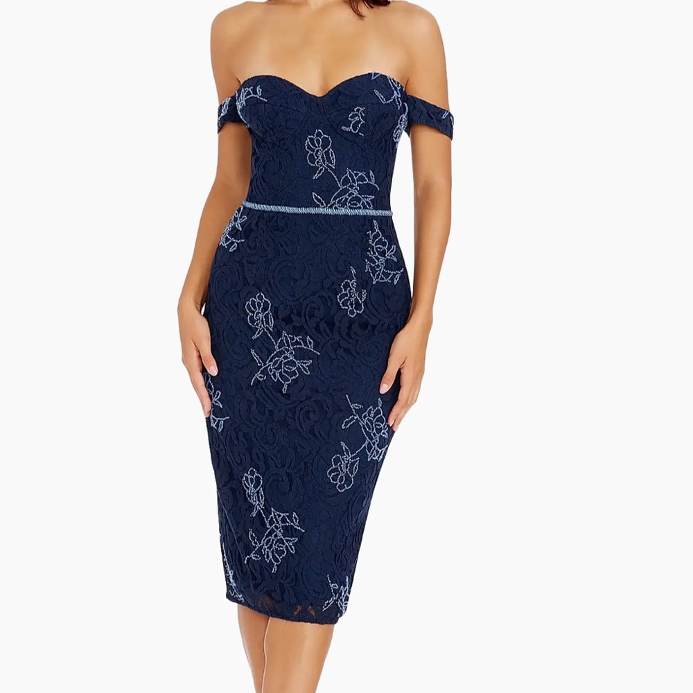 Dress the Population beaded lace off shoulder cocktail dress